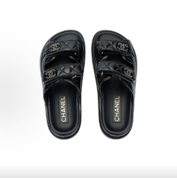 CHANEL Women 24P Round Toe Slip On One Strap Slide Sandals Black Genuine Leather Flat Casual Luxury Designer Summer Slippers