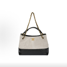 CHANEL Women 25A Art Shopping Bag Small Size Grey Black Two-Tone Suede & Calfskin Spliced Interwoven Leather Chain Double C Logo Handheld Single Shoulder