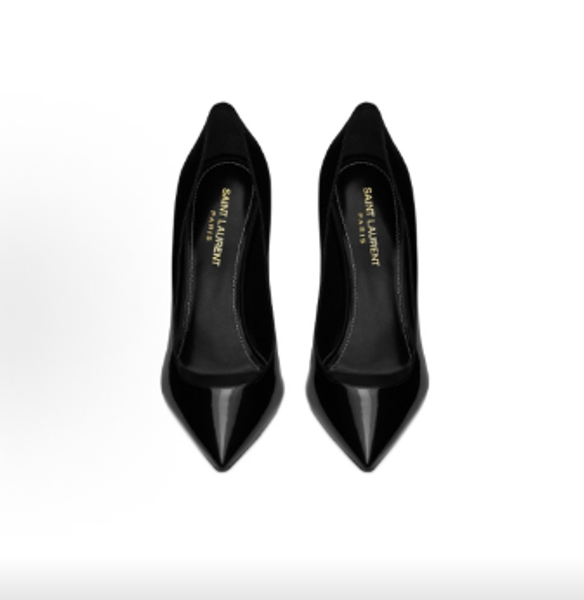 SAINT LAURENT Women Opyum Sculptural Logo Metal Heel High Heels Black Patent Leather Ankle Strap Designer Luxury Dress Sandals