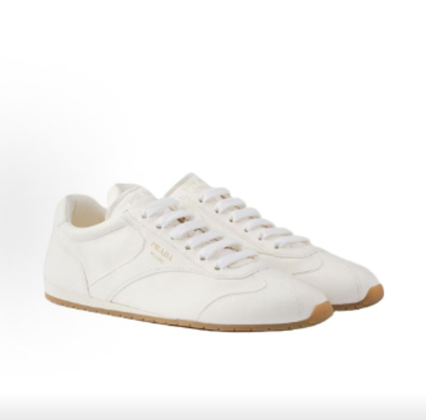 PRADA Women Re-Nylon Embossed Logo Low Top Lace Up Flat Casual Sneakers White Grey Color Luxury Designer Daily Walking Shoes